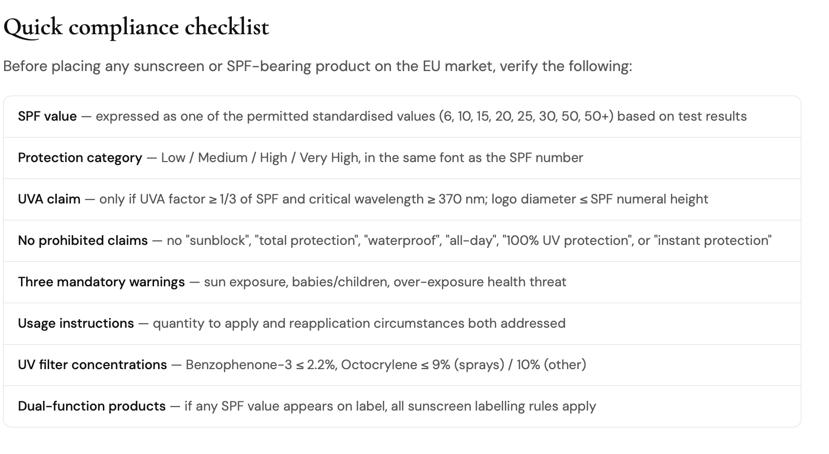 compliance check list SUNSCREEN LABEL
